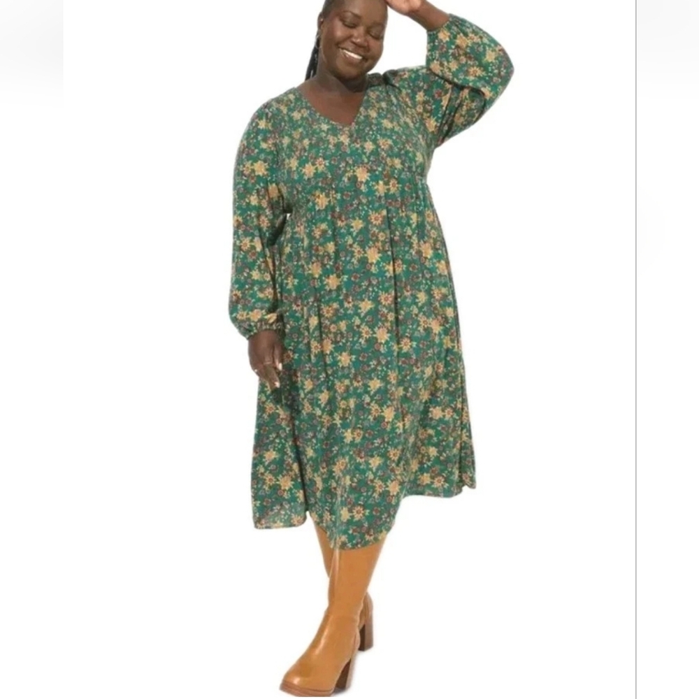 Torrid Smocked Midi Dress Plus Sz 2X Green Floral Crinkle Gauzy Cottage Feminine